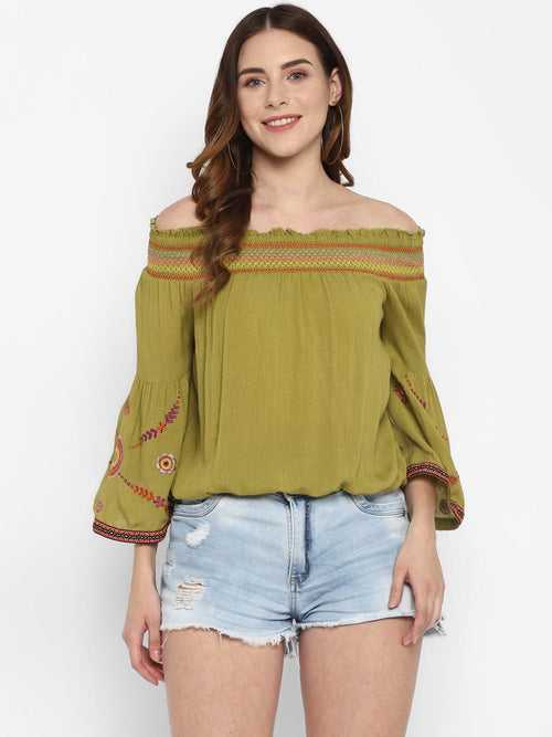 Acid Green Embroidered Rayon Crepe Top