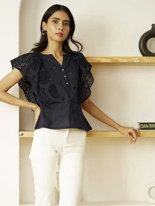 Blue Embroidered Schiffli Top