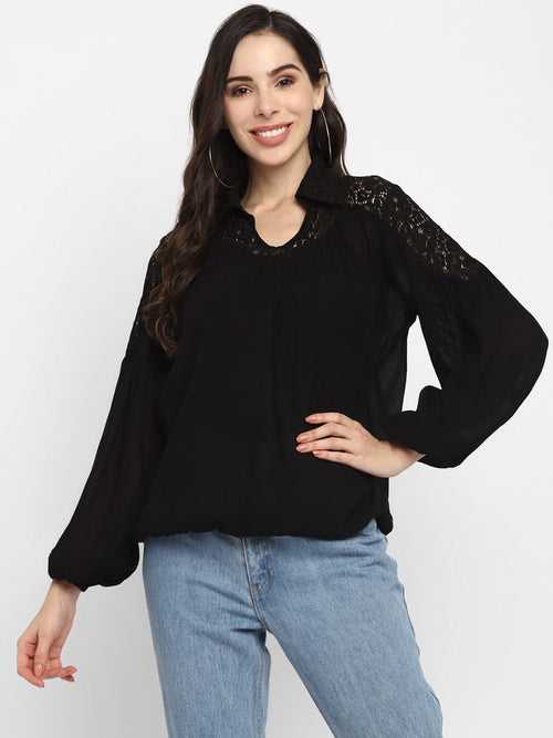 Black Solid Rayon Crepe Blouse