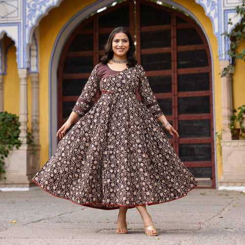 Caramel Lily Floral Handblock Printed Cotton Dress