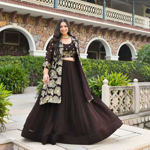 Rich Mocha Floral Embroidered Pure Georgette Blazer Lehenga Set