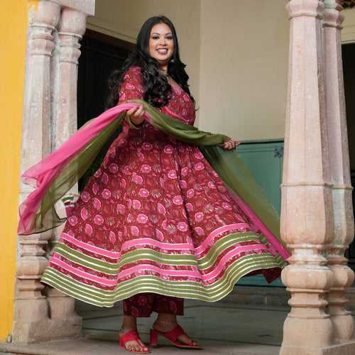 Rosy Charm Floral Cotton Anarkali Set