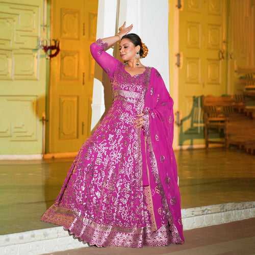 Pansy Purple Zari Embroidered Pure Georgette Anarkali Set