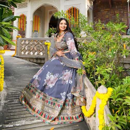 Serene Grey Floral Georgette Lehenga Set