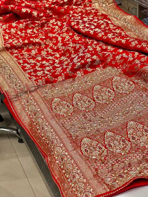 Red Banarasi Silk Jaal Zardosi Hand Embroidery Saree