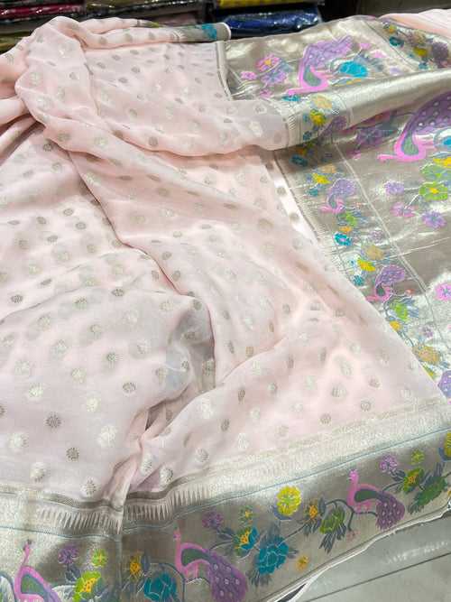 Baby Pink Banaras Khaddi Georgette Paithani