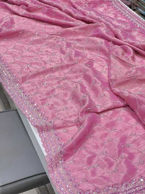 Baby Pink Tissue Crepe Hand Embroidery Saree