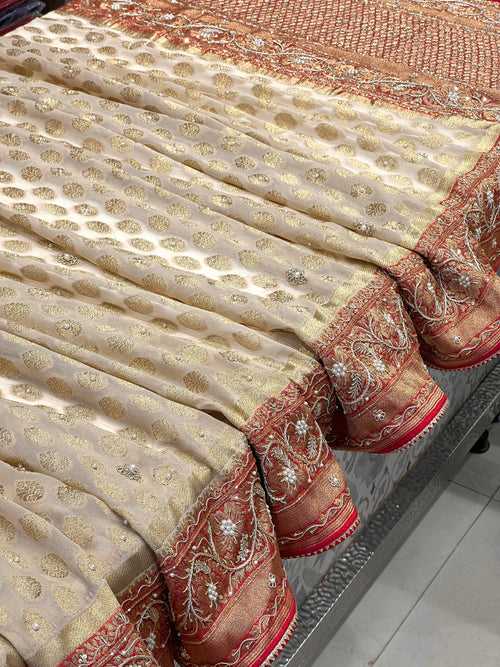 Beige Khaddi Georgette Butti Zardosi Saree