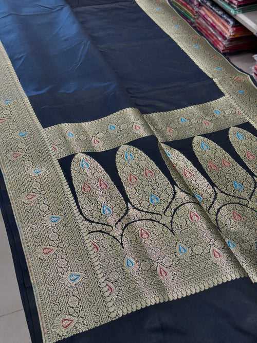 Navy Blue Dhup Chav Banarasi Silk Saree