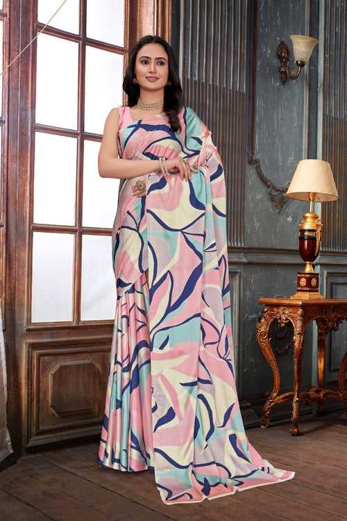 Digital Satin Print Saree Pink Blue