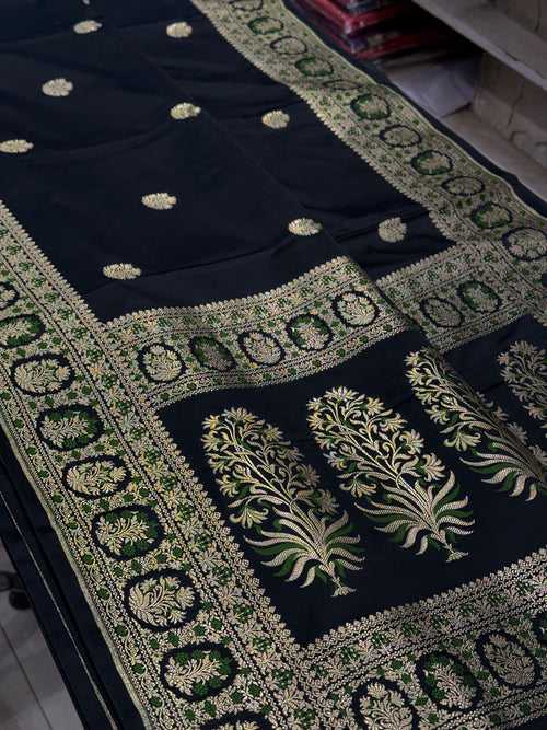 Black Banarasi Silk Butti with Green Meena Saree