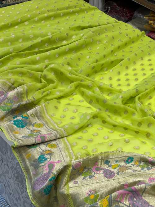 Parrot Green Banaras Khaddi Georgette Paithani