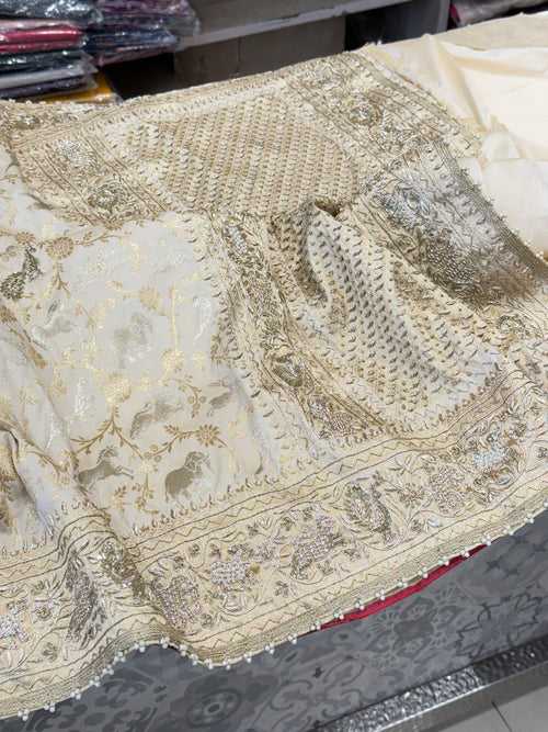 Beige Banarasi Shikara Hand Embroidery Saree