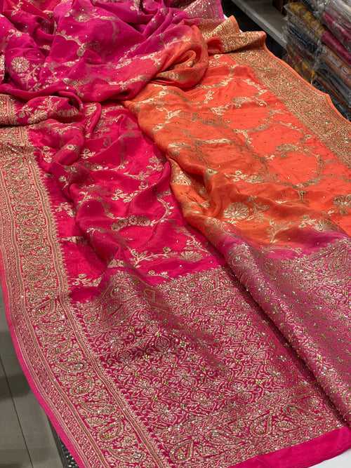 Shaded Chiffon Jaal Hand Embroidery Saree