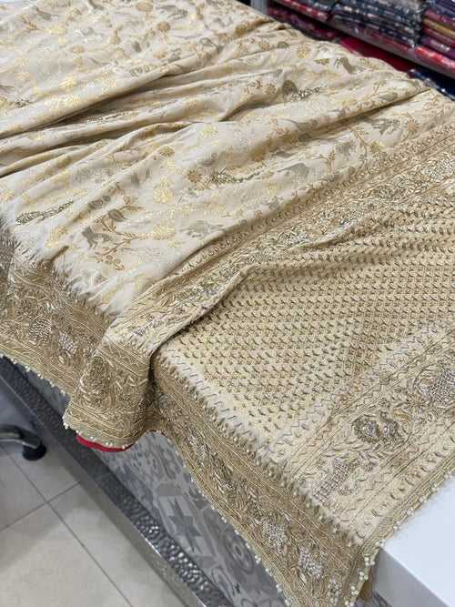 Beige Banarasi Shikara Hand Embroidery Saree