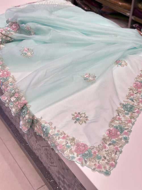 Light Blue Organza Multi Sequin Sarees