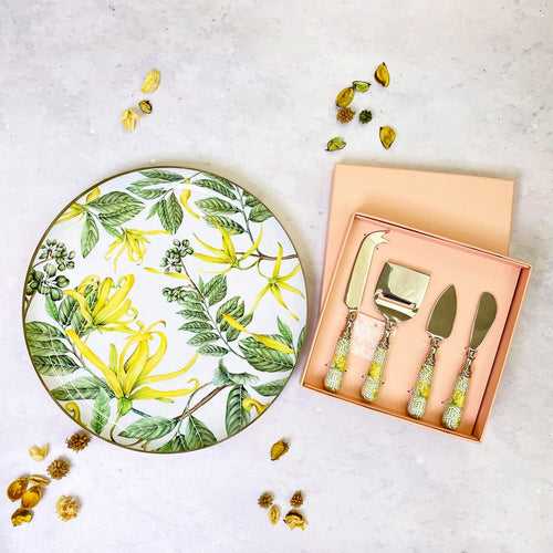Round Platter With Cheese Knives, Gift Set Of 5 - Borneo Botanicals Citrine