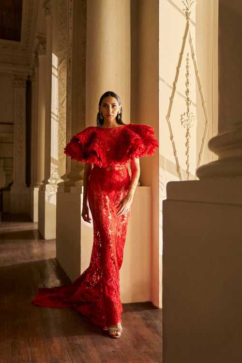 The XV Couture Wing Sleeved Evening Gown