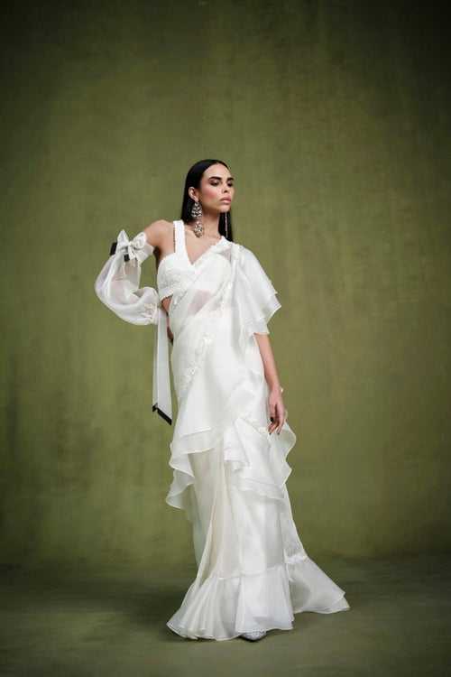 THE IVORY EMBELLISHED RUFFLE SAREE AND BUSTIER