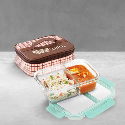 1000ml Allo FoodSafe Microwave Oven Safe Glass Lunch box with Break Free Detachable Lock with Cocoa Brown Bag Tiffin