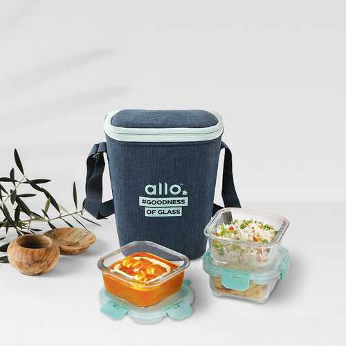 310ml x 3 Allo FoodSafe Microwave Oven Safe Glass Lunch box with Break Free Detachable Lock with Denim Blue Bag Tiffin