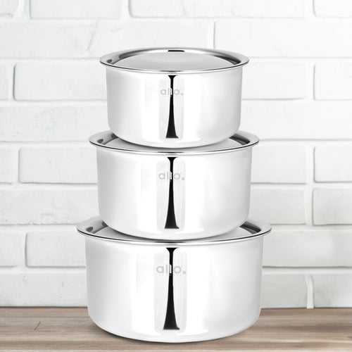 Allo CookSafeTriPly Stainless Steel Tope 3pcs Combo Set of - 1.7, 2.7 & 3.8 Litre with Stainless Steel Lid - Induction Friendly - Naturally Non-Stick, 16Cm, 18Cm & 20Cm