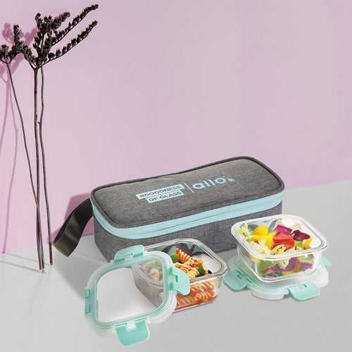 310ml x 2 Allo FoodSafe Microwave Oven Safe Glass Lunch box with Break Free Detachable Lock with Canvas Grey Bag Tiffin