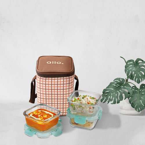 310ml x 3 Allo FoodSafe Microwave Oven Safe Glass Lunch box with Break Free Detachable Lock with Cocoa Brown Bag Tiffin