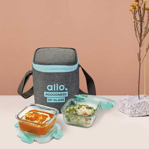 310ml x 2 Allo FoodSafe Microwave Oven Safe Glass Lunch box with Break Free Detachable Lock with Canvas Grey Bag Tiffin