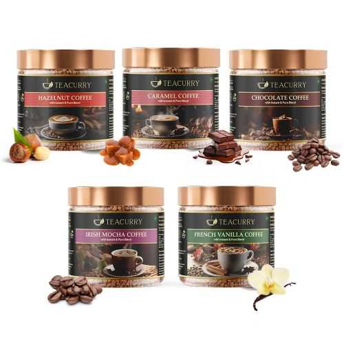 Teacurry Coffee Pack of 5 - Hazelnut, Caramel, Chocolate, Irish Mocha, French Vanilla (50 Grams Each)