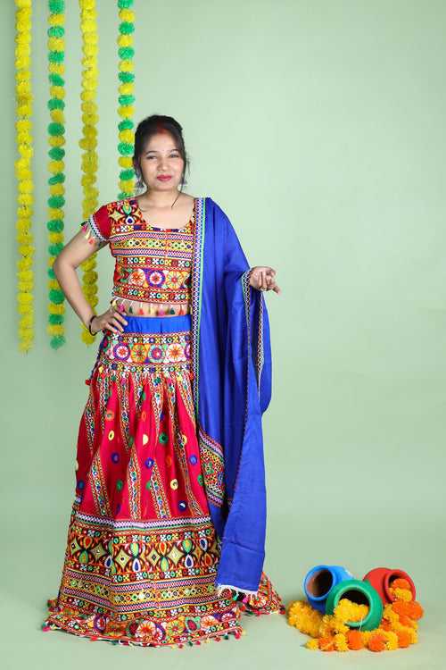 Banjara India Cotton Long Flair Aari Embroidery Kutch Work (Lehenga Choli) Chaniya Choli Set with Dupatta -(CC-WAVE-WHITE)