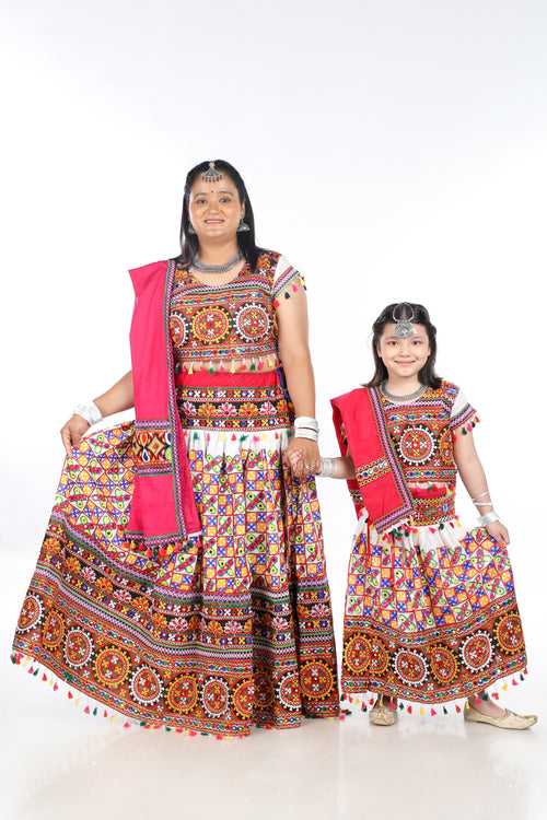 Mother-Daugther Combo Cotton Embroidered Lehenga Choli Set (BWR- Combo) - White