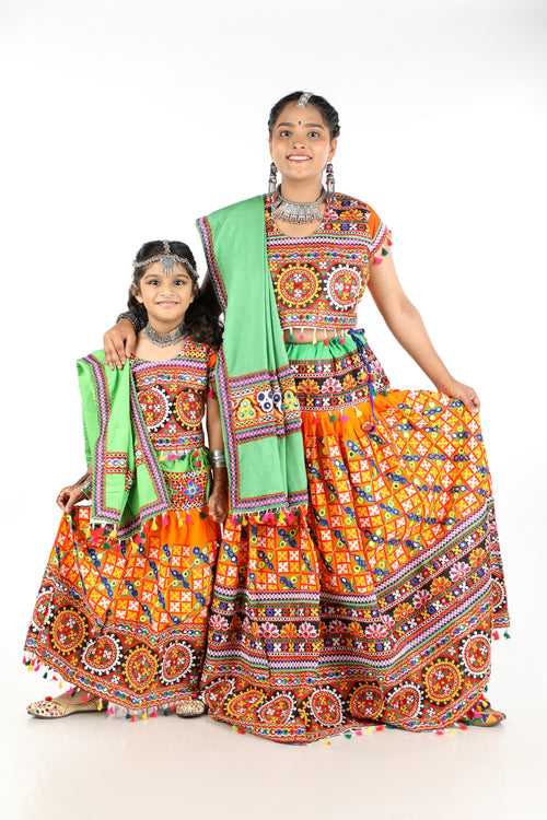 Mother-Daugther Combo Cotton Embroidered Lehenga Choli Set (BWR- Combo) - Orange