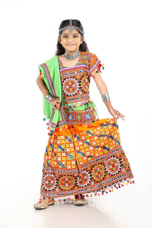 Banjara India Kutchi Embroidered Orange Girls Chaniya Choli with Dupatta (CC1-BWR) - Orange