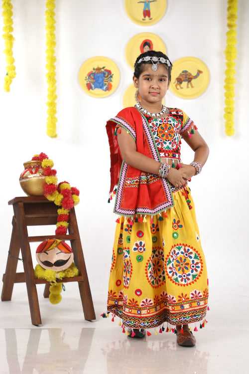 Banjara India Kutchi Emboidered Yellow Girls Chaniya Choli with Dupatta (CC-RING) - YELLOW