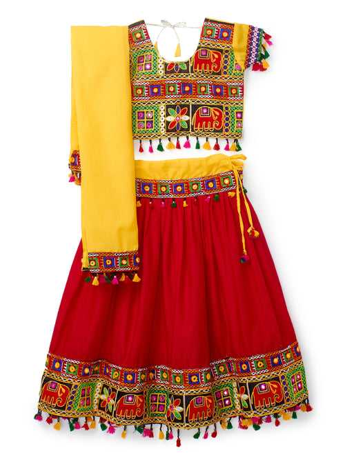 Banjara India Kutchi Embroidered Black Girls Chaniya Choli with Dupatta (CC1-WILD) - Red