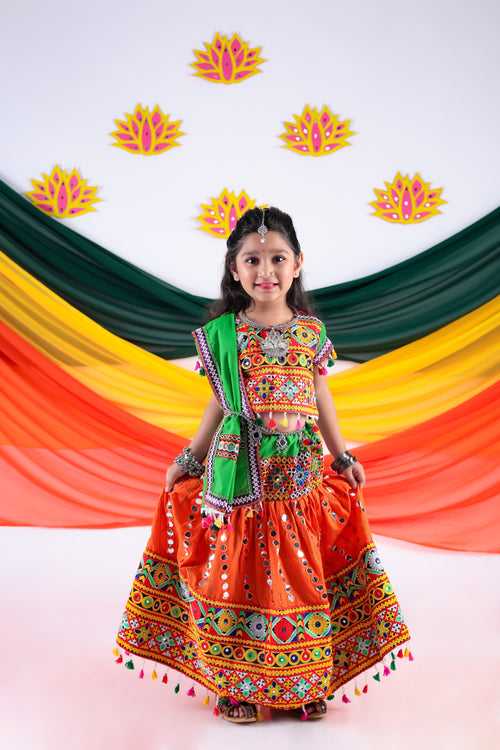 Banjara India Kutchi Emboidered Orange Girls Chaniya Choli with Dupatta (CC-RSGL) - ORANGE