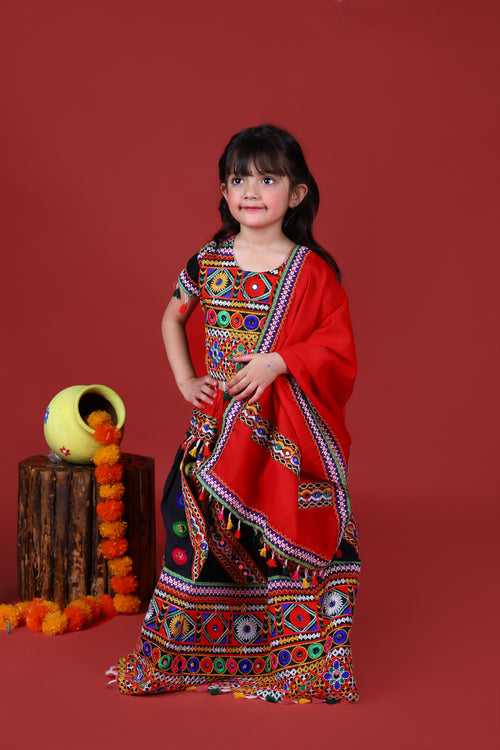 Banjara India Kutchi Emboidered Black Girls Chaniya Choli with Dupatta (CC-WAVE) - Black