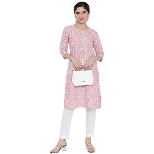 Banjara India Pastel Pink Printed Straight Rayon Kurti