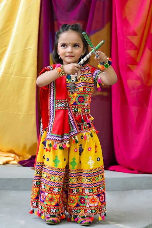 Banjara India Kutchi Emboidered Yellow Girls Lehenga Choli with Dupatta (CC-BTTA) - Yellow