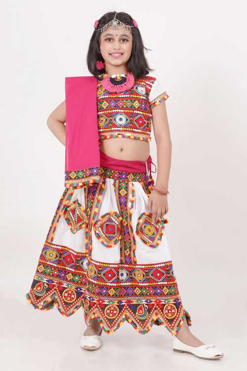 Banjara India Kutchi Emboidered Black Girls Chaniya Choli with Dupatta (CC-PTW) - White