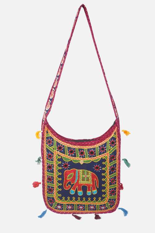 Banjara India Elephant Design Kutchi Mirrorwork Hand Embroidered Shoulder Bag (BAG-MaroonBlue)