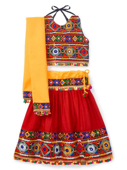 Banjara India Kutchi Emboidered Black Girls Chaniya Choli with Dupatta (CC-DMND) - Red