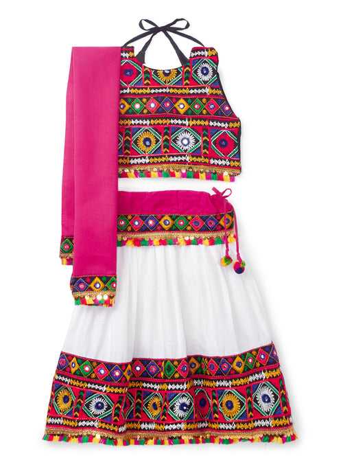 Banjara India Kutchi Emboidered Black Girls Chaniya Choli with Dupatta (CC-DMND) - White