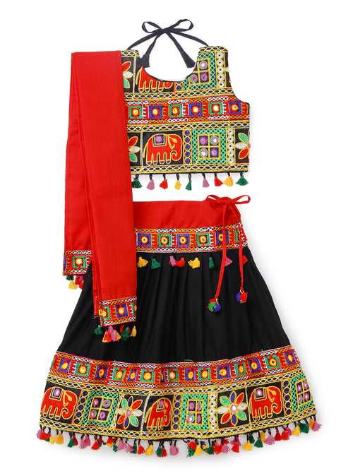 Banjara India Kutchi Emboidered Black Girls Chaniya Choli with Dupatta (CC-WILD) - Black