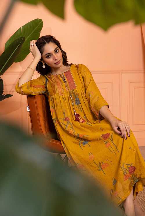 Mustard Yellow Stripe Yoke Full Chunat Sia Kurta Set