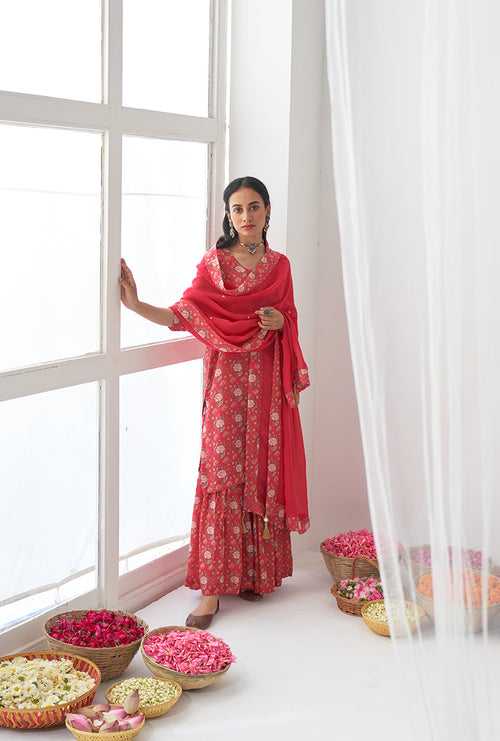 Hot Pink Printed Short Kurta Iris Gharara Set