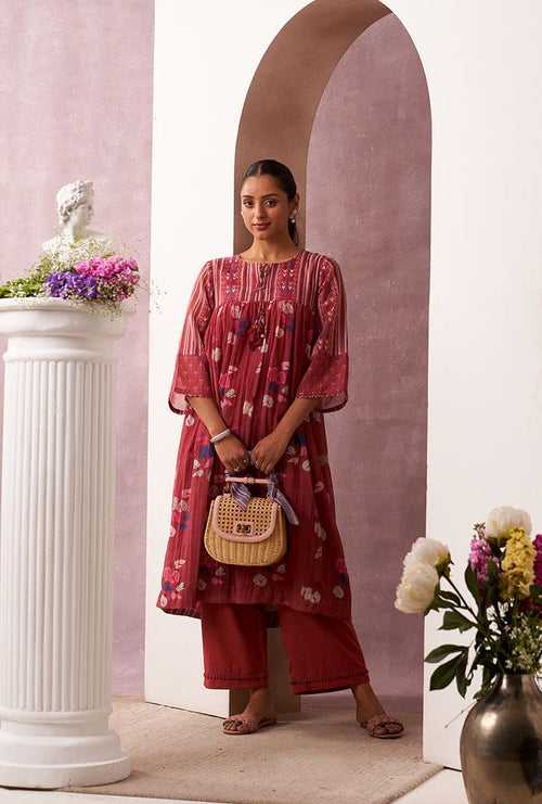 Red Pleated Yoke Mahira Kurta Set