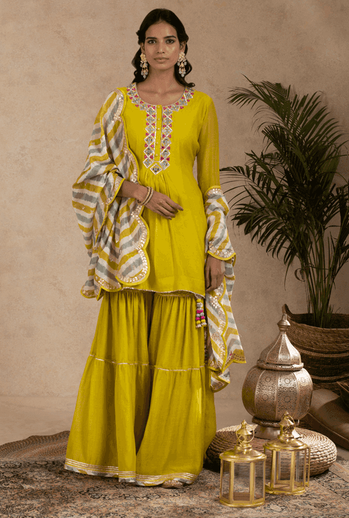 Lime Green Mirror & Leheriya Gharara Set