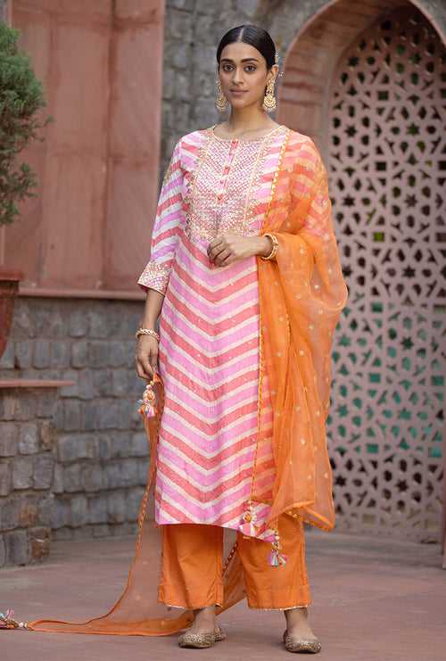 Peach Pink Gota Yoke Leheriya 2.0 Kurta Set